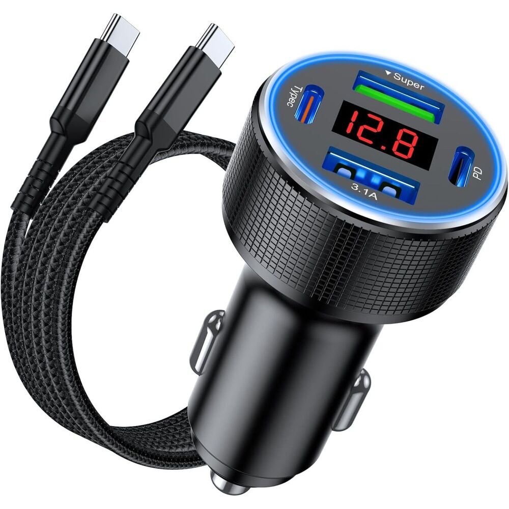 78W 4 Port Metal USB C Car Charger Fast Charge Adapter Voltmeter for iPhone 17 1